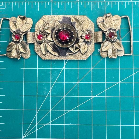 Art Nouveau Vintage Antique Bohemian Czech Garnet Red Glass Brass Sash Buckle - Picture 6 of 8